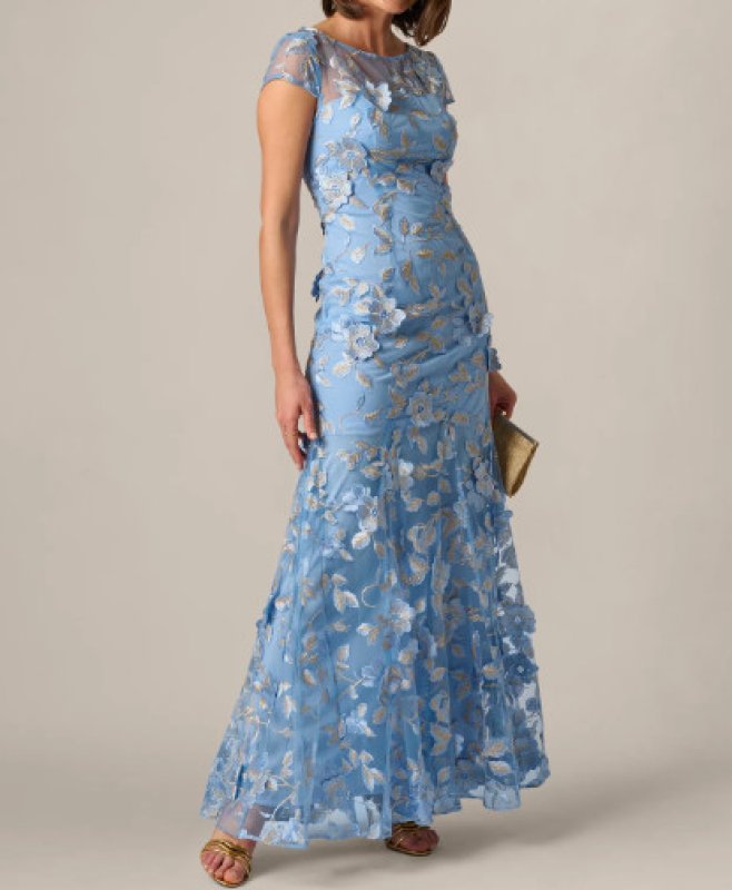 画像3: 3/13までセール！Adrianna Papell アドリアナパペル フローラル刺繍 イリュージョン ゴデット ロングドレス ブルー (3)