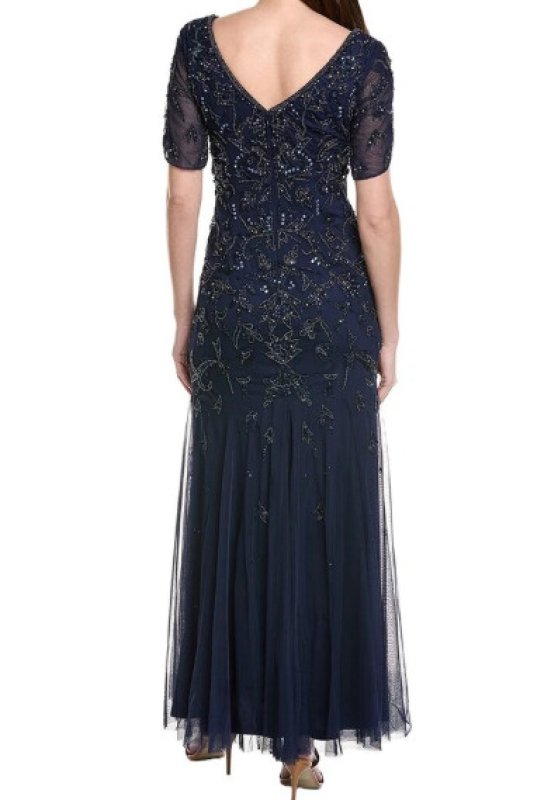 画像4: Adrianna Papell アドリアナパペル　ビーズ刺繍 ペタルスリーブ マーメイド ロングドレス（ネイビー (4)