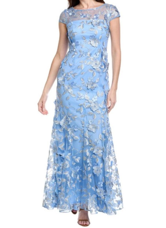 画像1: 3/13までセール！Adrianna Papell アドリアナパペル フローラル刺繍 イリュージョン ゴデット ロングドレス ブルー (1)