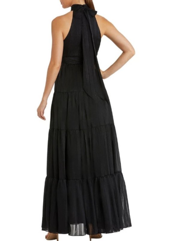画像2: Mac Duggal ブラック タイホルターネック ティアード ロングドレス (2)