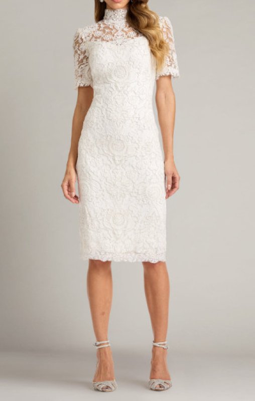 画像1: Tadashi Shoji タダシショージ  Marise イリュージョンレースドレス　 アイボリー｜パーティー・フォーマル膝丈 (1)