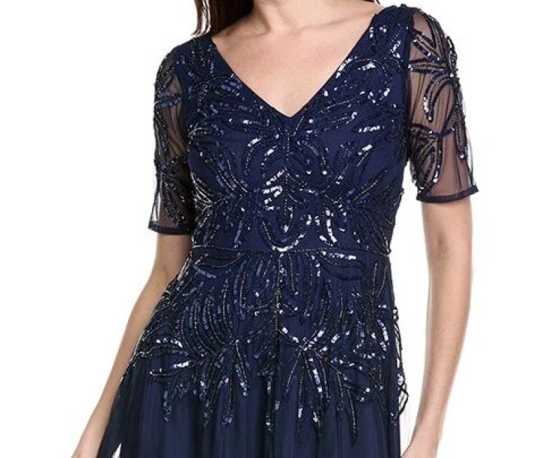 画像4: 4/12までセール！Adrianna Papell アドリアナパペル ネイビー ビーズ刺繍メッシュロングドレス｜パーティーフォーマル (4)