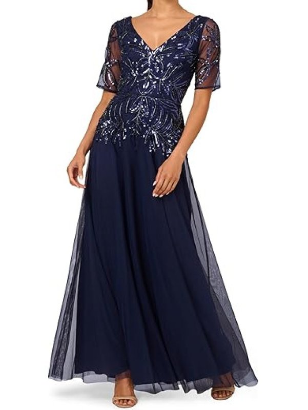 画像3: 4/12までセール！Adrianna Papell アドリアナパペル ネイビー ビーズ刺繍メッシュロングドレス｜パーティーフォーマル (3)