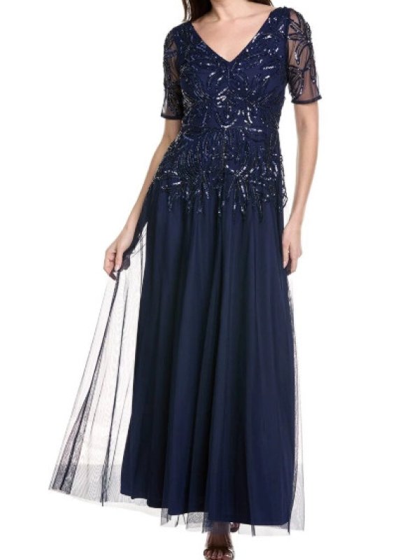 画像1: 4/12までセール！Adrianna Papell アドリアナパペル ネイビー ビーズ刺繍メッシュロングドレス｜パーティーフォーマル (1)