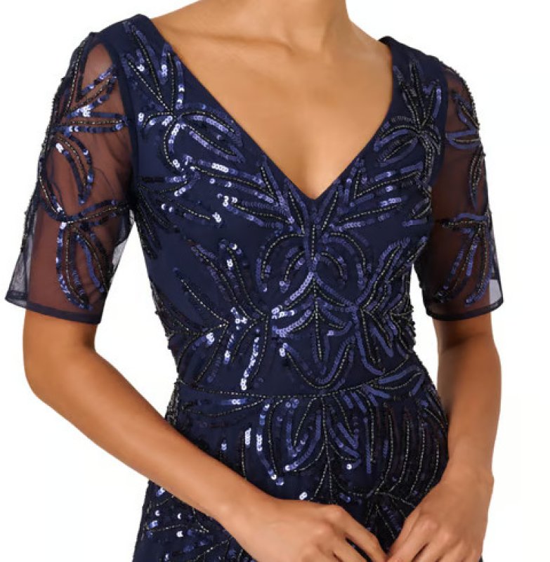 画像5: 4/12までセール！Adrianna Papell アドリアナパペル ネイビー ビーズ刺繍メッシュロングドレス｜パーティーフォーマル (5)