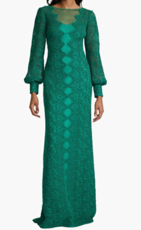 画像1: Tadashi Shoji タダシショージ Wohler コード刺繍チュール 長袖 ロングドレス グリーン｜ パーティー対応 (1)