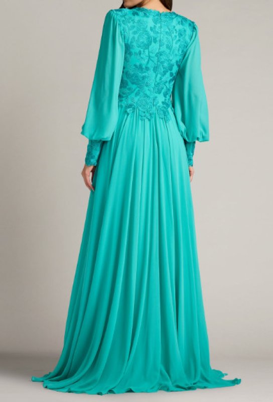 画像2: Tadashi Shoji タダシショージ Delfina 刺繍レース ビショップスリーブ ロングドレス グリーン 演奏会・パーティー対応 (2)