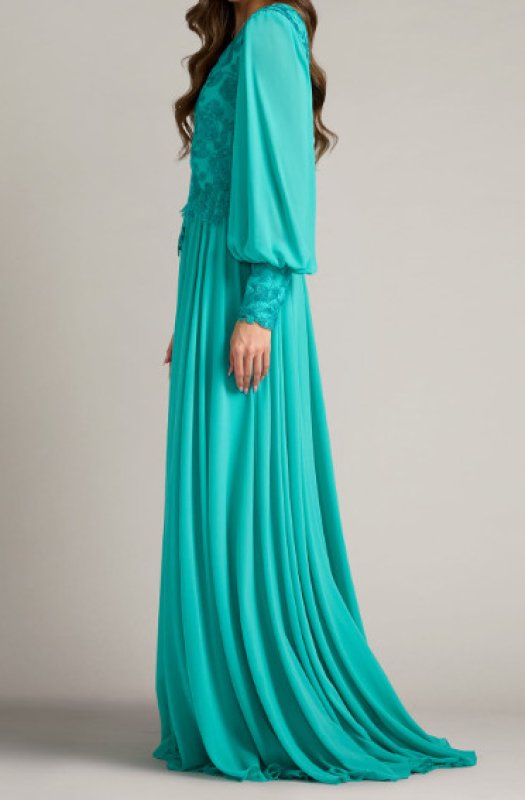 画像3: Tadashi Shoji タダシショージ Delfina 刺繍レース ビショップスリーブ ロングドレス グリーン 演奏会・パーティー対応 (3)