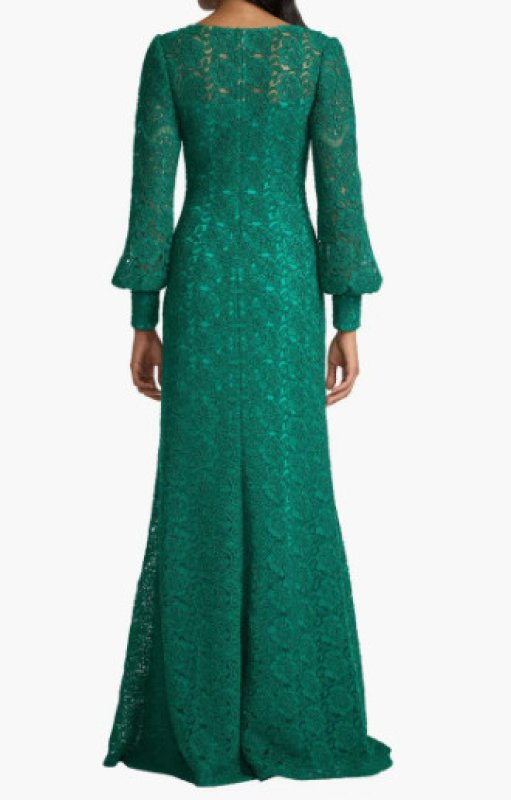 画像2: Tadashi Shoji タダシショージ Wohler コード刺繍チュール 長袖 ロングドレス グリーン｜ パーティー対応 (2)