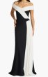 画像1: Tadashi Shoji タダシショージ  Lohner オフショルダードレープサッシュ ロングドレス ブラック×アイボリー 演奏会・パーティー対応 (1)