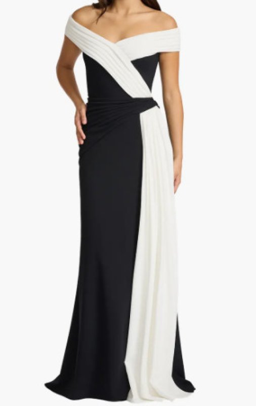 画像1: Tadashi Shoji タダシショージ  Lohner オフショルダードレープサッシュ ロングドレス ブラック×アイボリー 演奏会・パーティー対応 (1)