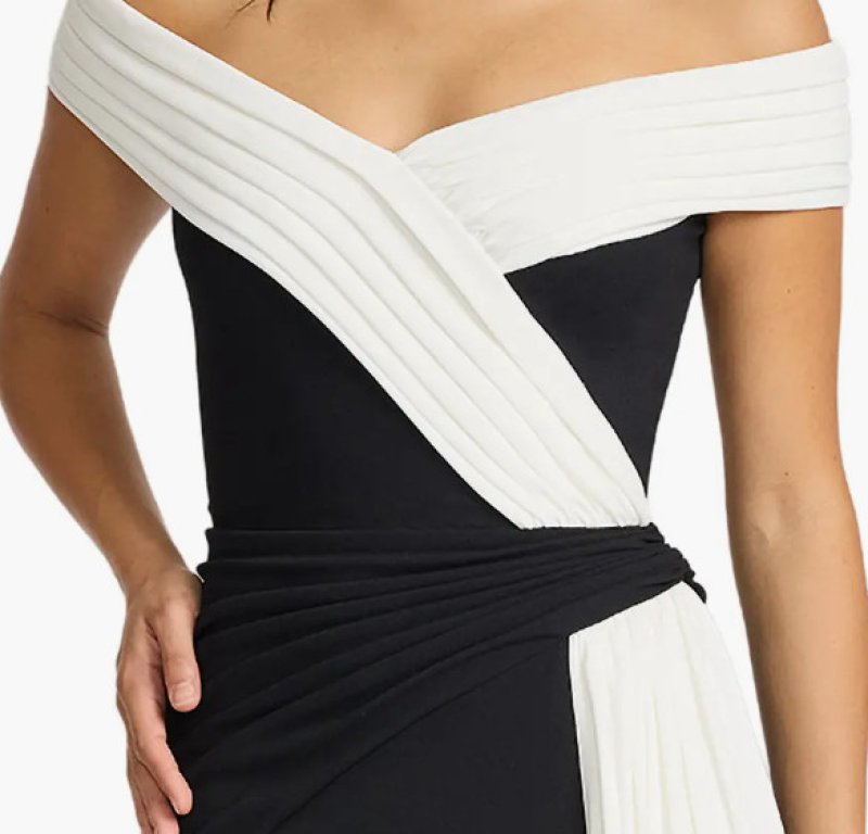 画像4: Tadashi Shoji タダシショージ  Lohner オフショルダードレープサッシュ ロングドレス ブラック×アイボリー 演奏会・パーティー対応 (4)