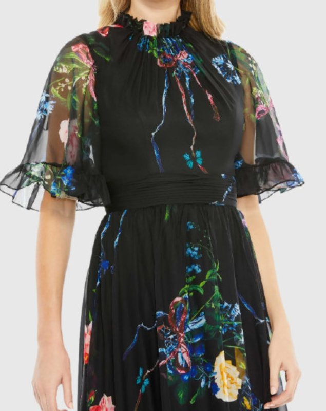 画像3: Mac Duggal マックドゥガル 花柄 シフォン ラッフルハイネック ロングフォーマルドレス ブラック パーティー・演奏会対応 (3)