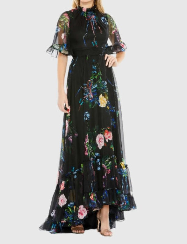 画像1: Mac Duggal マックドゥガル 花柄 シフォン ラッフルハイネック ロングフォーマルドレス ブラック パーティー・演奏会対応 (1)