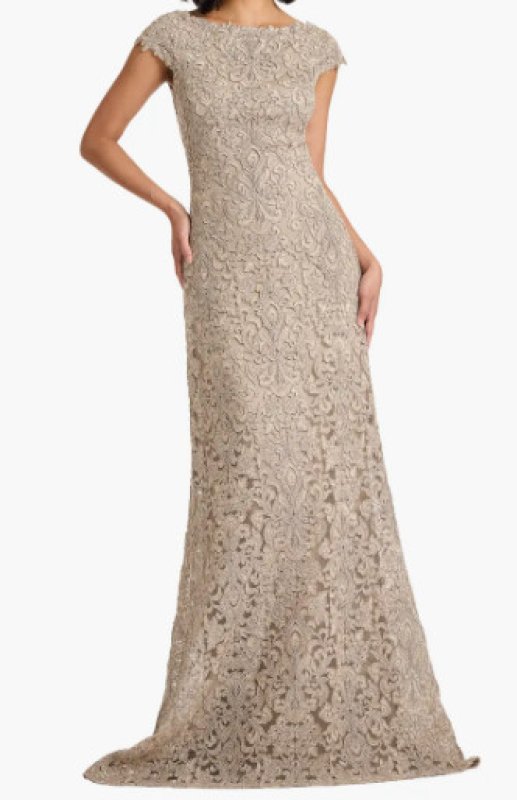 画像1: Tadashi Shoji タダシショージ Hoyt Lotus 刺繍レース ロングフォーマルドレス ベージュ系 パーティー (1)