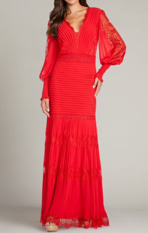 画像1: Tadashi Shoji タダシショージ レッド 袖あり NYSSA  ピンタックロングドレス｜結婚式、パーティードレス (1)