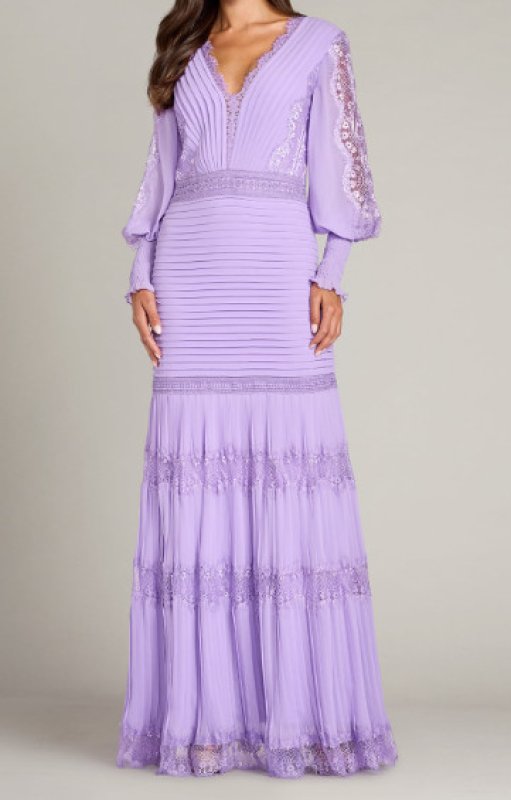 画像1: Tadashi Shoji タダシショージ パープル系 袖あり NYSSA  ピンタックロングドレス｜結婚式、パーティードレス (1)