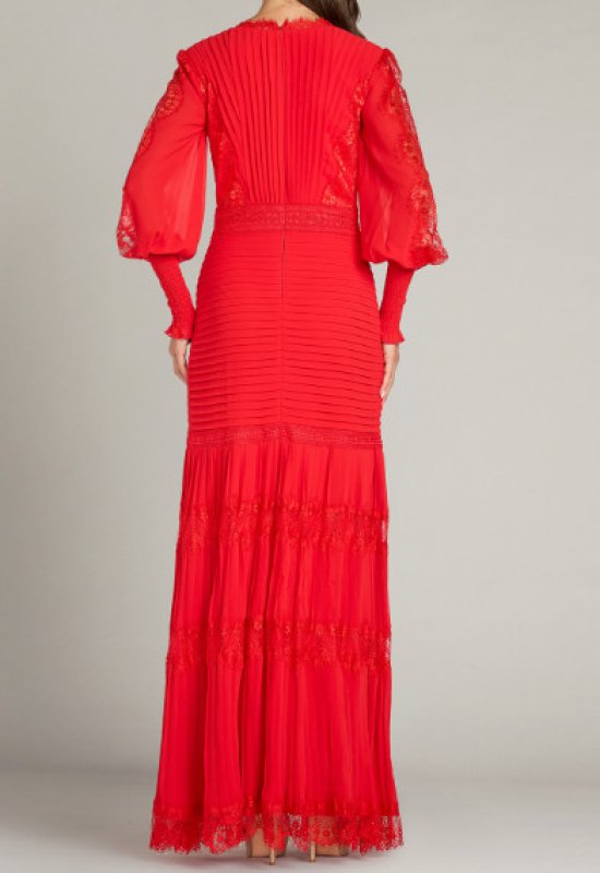 画像2: Tadashi Shoji タダシショージ レッド 袖あり NYSSA  ピンタックロングドレス｜結婚式、パーティードレス (2)