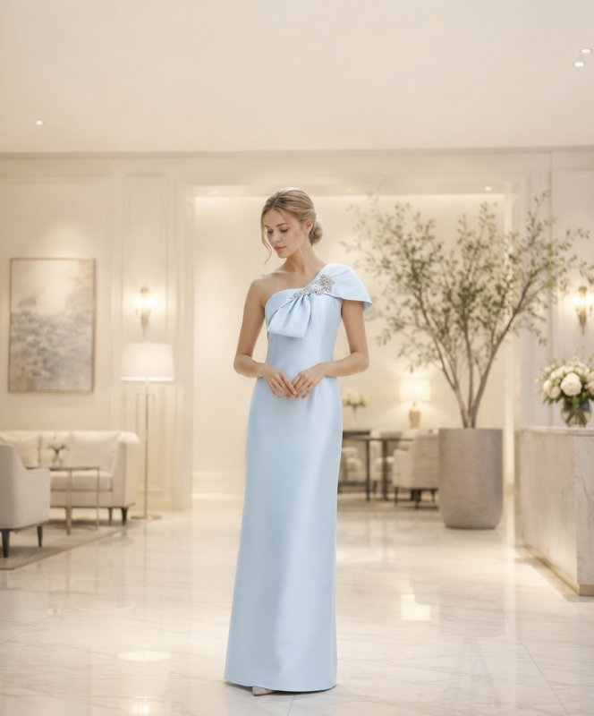 画像5: Sachin & Babi Ines Gown ライトブルー ワンショルダーリボン ロングドレス｜フォーマル・イブニング対応 (5)