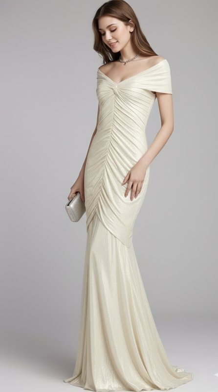 画像4: 限定セール！Tadashi Shoji タダシショージ  PIETTE DRAPED METALLIC JERSEY GOWN アイボリー系 (4)