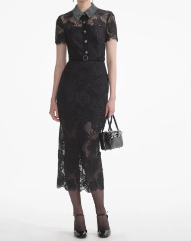 画像1: Self Portrait セルフポートレイト ブラックレース Diamante Midi Dress (1)