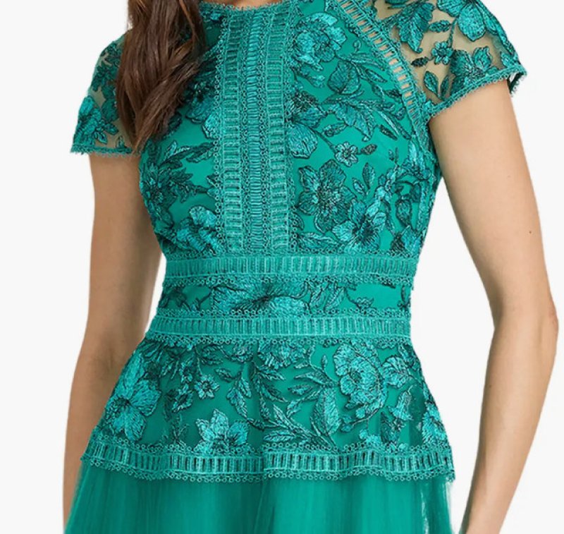 画像4: Tadashi Shoji タダシショージ　Mollie フラワー刺繍チュール ミディドレス  グリーン (4)