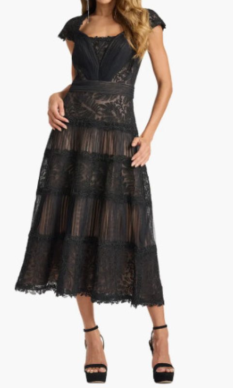 画像1: Tadashi Shoji タダシショージ Boette Lace Tea-Length Dress ブラック (1)