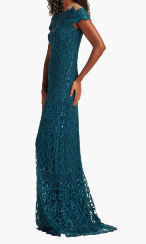 画像3: Tadashi Shoji タダシショージ Rater スパンコール刺繍 オフショルダーロングドレス ブルー、グリーン系 (3)