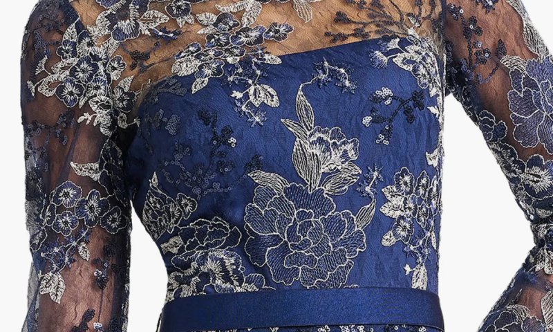 画像4: Tadashi Shoji  タダシショージ  Beacon 刺繍イリュージョンロングドレス ネイビーブルー マザードレス対応 (4)