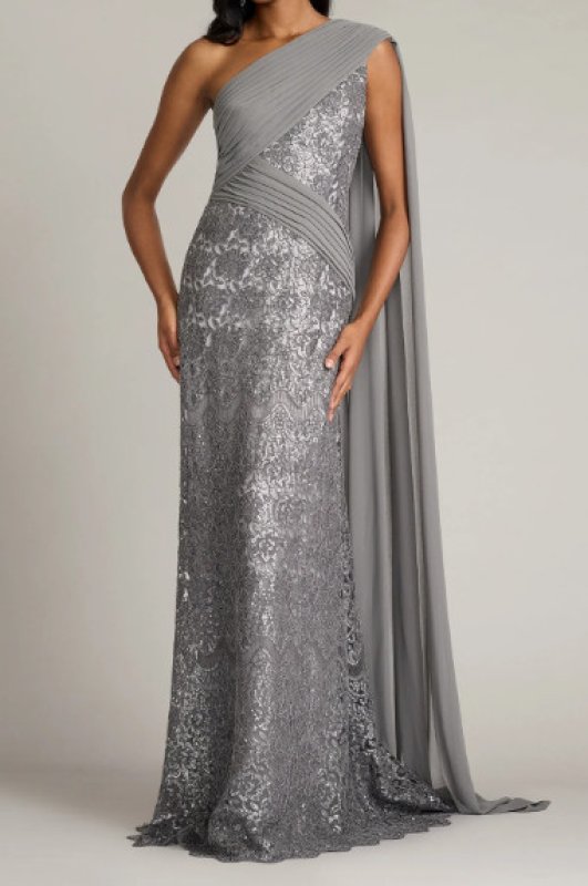 画像1: Tadashi Shoji タダシショージ　Eamon ワンショルダーロングドレス シルバーグレー (1)