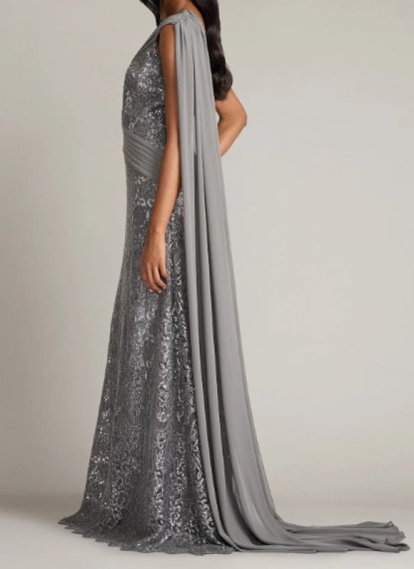 画像2: Tadashi Shoji タダシショージ　Eamon ワンショルダーロングドレス シルバーグレー (2)