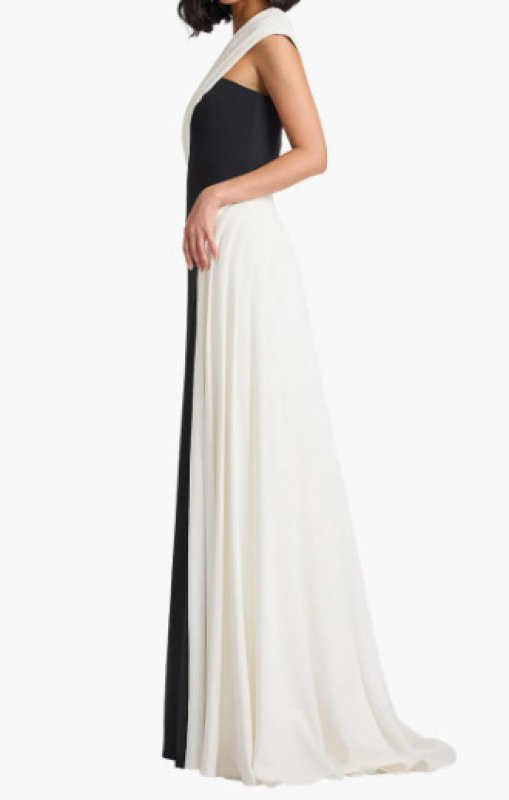 画像3: Tadashi Shoji タダシショージ  Belman ワンショルダー ドレープ バイカラーロングドレス ブラック×アイボリー (3)