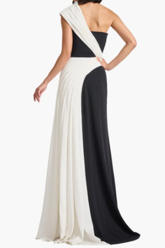 画像2: Tadashi Shoji タダシショージ  Belman ワンショルダー ドレープ バイカラーロングドレス ブラック×アイボリー (2)