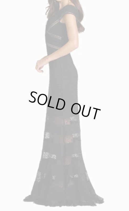 画像3: Tadashi Shoji タダシショージ  Valeo ピンタック イリュージョン オフショルダーロングドレス 　ブラック (3)