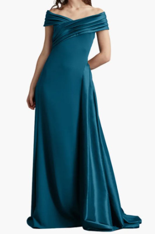 画像1: 【6/27まで特別価格】Tadashi Shoji  タダシショージ Elysian オフショルダーロングドレス　ブルー、グリーン系 (1)