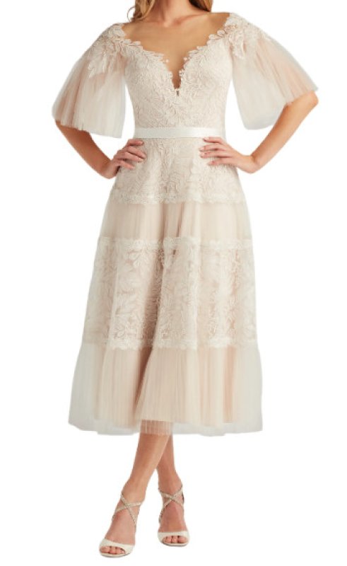 画像1: 限定セール！Tadashi Shoji  タダシショージ　Tresca エンブロイダリーチュール ミディドレス｜アイボリー (1)