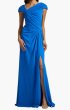 画像1: Tadashi Shoji タダシショージ  Mireya ドレープ キャップスリーブ ロングドレス｜ブルー (1)