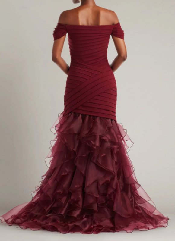 画像2: 【8/31まで限定特別価格】Tadashi Shoji タダシショージ  Vail シャッタープリーツ オーガンジー ロングドレス｜ボルドー (2)