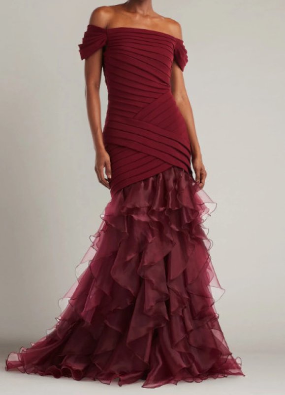 画像1: 【8/31まで限定特別価格】Tadashi Shoji タダシショージ  Vail シャッタープリーツ オーガンジー ロングドレス｜ボルドー (1)