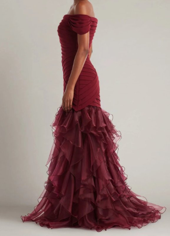 画像3: 【8/31まで限定特別価格】Tadashi Shoji タダシショージ  Vail シャッタープリーツ オーガンジー ロングドレス｜ボルドー (3)