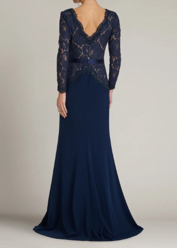 画像2: Tadashi Shoji タダシショージ  Corwin 刺繍レース イリュージョン ロングドレス｜ネイビー (2)
