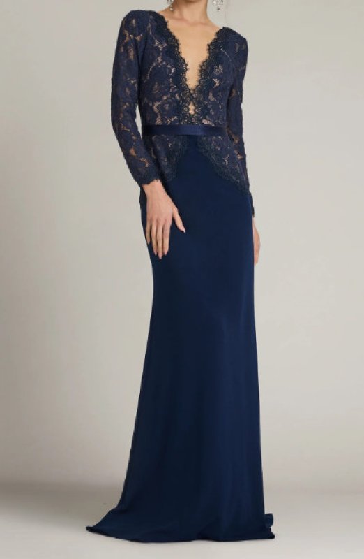 画像1: Tadashi Shoji タダシショージ  Corwin 刺繍レース イリュージョン ロングドレス｜ネイビー (1)