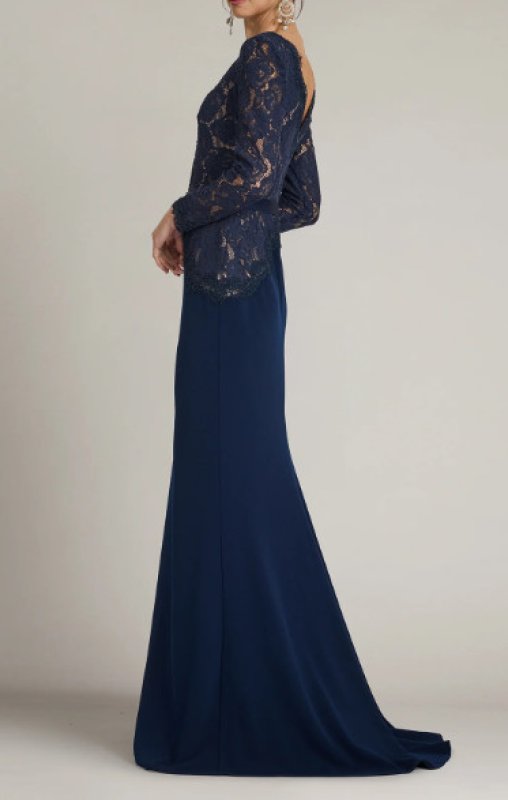 画像3: Tadashi Shoji タダシショージ  Corwin 刺繍レース イリュージョン ロングドレス｜ネイビー (3)