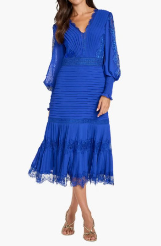 画像1: 【限定特別価格】Tadashi Shoji タダシショージ  コバルトブルー 袖あり NYSSA  ピンタックドレス｜結婚式、パーティードレス (1)
