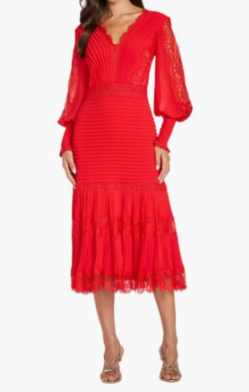 画像1: 【限定特別価格】Tadashi Shoji タダシショージ  レッド 袖あり NYSSA  ピンタックドレス｜結婚式、パーティードレス (1)