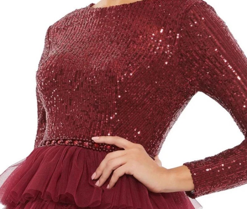 画像3: Ieena for Mac Duggal マックドゥガル　Sequin Tiered Long Sleeve Tulle Cocktail Dress ワイン (3)