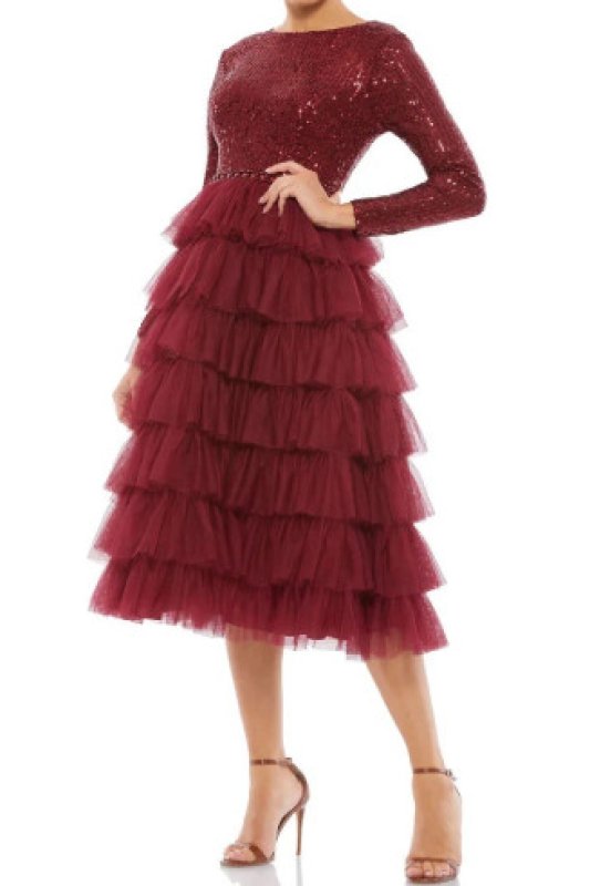 画像1: Ieena for Mac Duggal マックドゥガル　Sequin Tiered Long Sleeve Tulle Cocktail Dress ワイン (1)