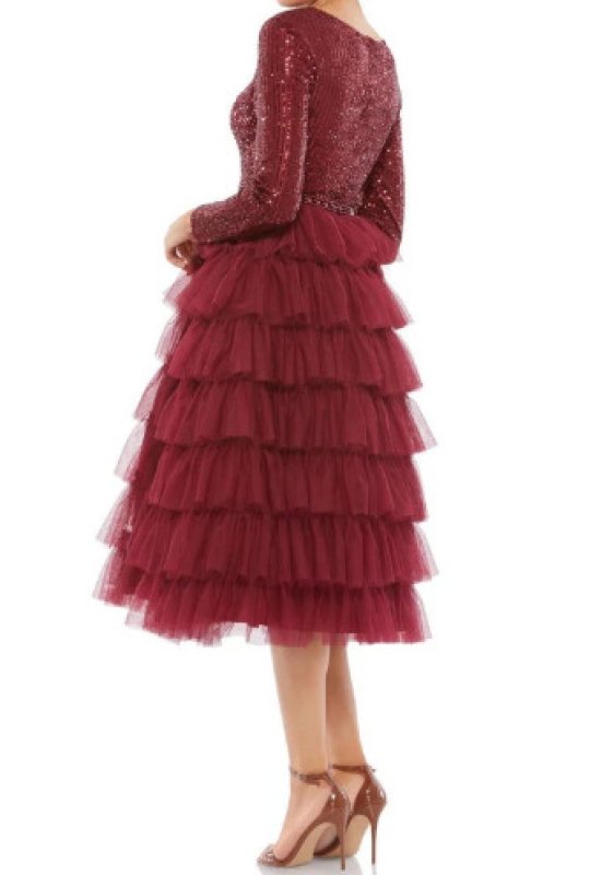 画像2: Ieena for Mac Duggal マックドゥガル　Sequin Tiered Long Sleeve Tulle Cocktail Dress ワイン (2)