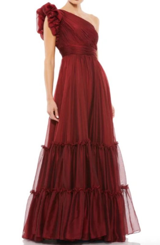 画像1: Mac Duggal マックドゥガル　オーガンジーワンショルダープリーツシフォンドレス　ワイン (1)