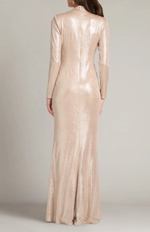 画像3: Tadashi Shoji タダシショージ  袖あり Ferrum メタリックロングドレス｜ベージュ系 (3)